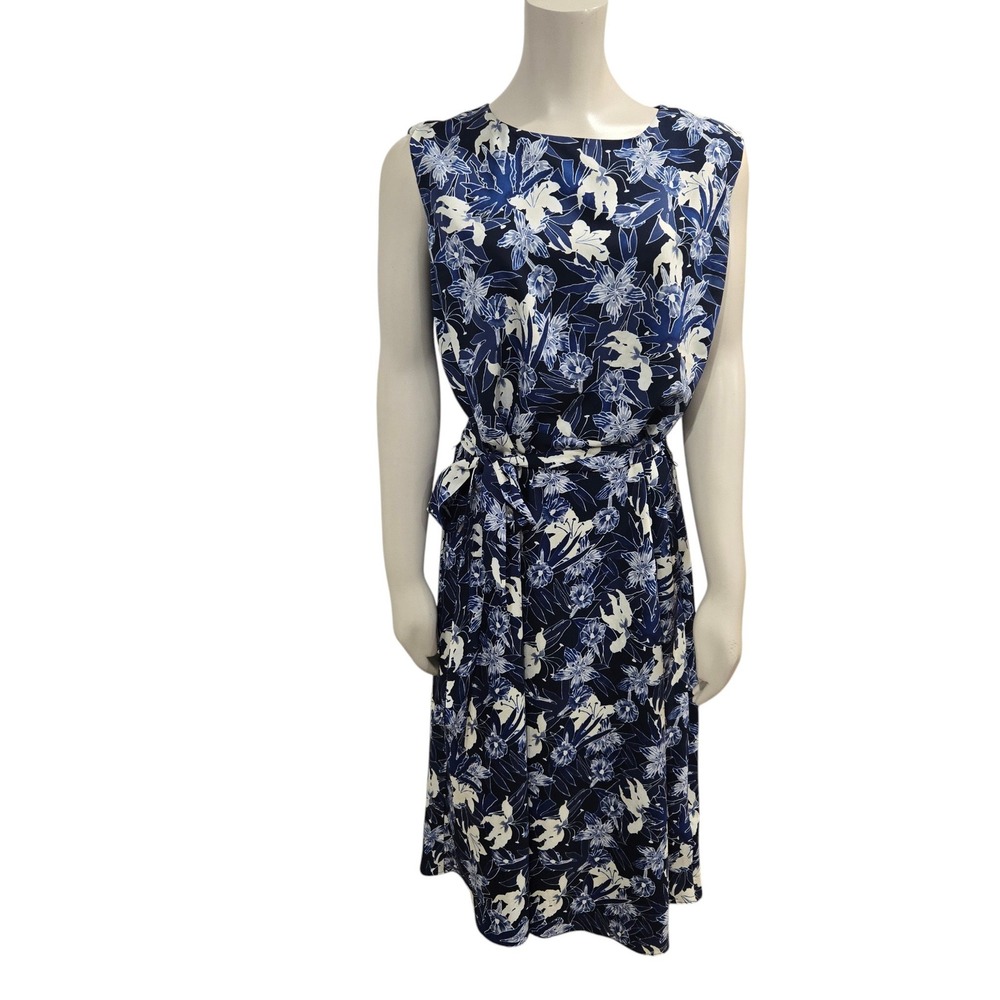 Lauren Ralph Lauren Dress Womens 12 Blue Floral Sleeveless Midi Belted‎ Tropical